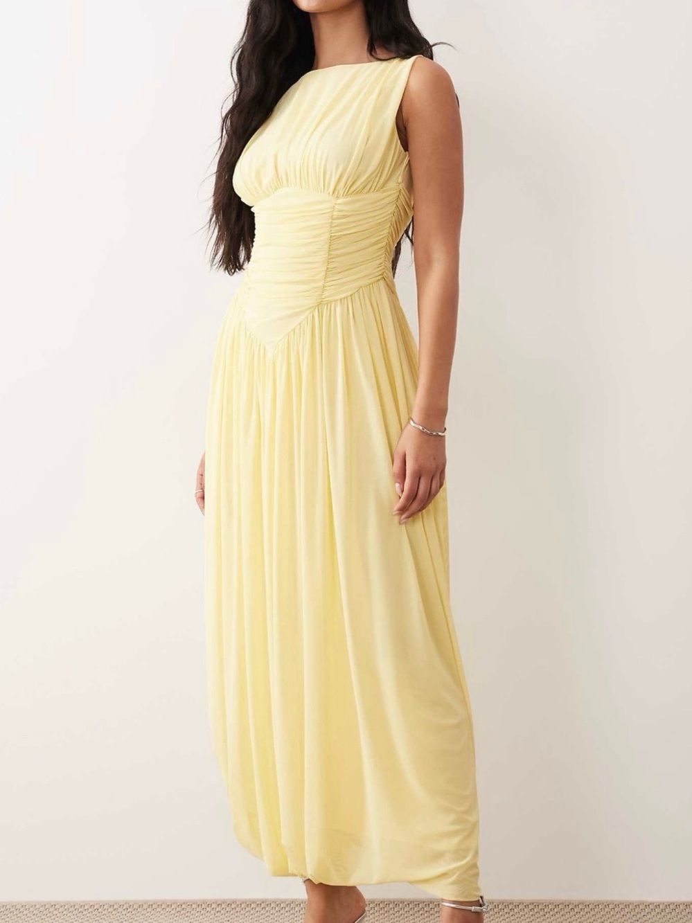 ASOS mesh slash neck asymmetric bubble hem lemon Sleeveless Ruched Maxi Dress